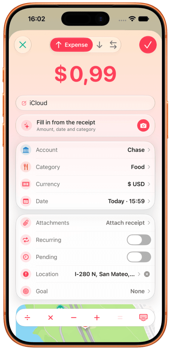 FlowBudget Add Expense screen on iPhone