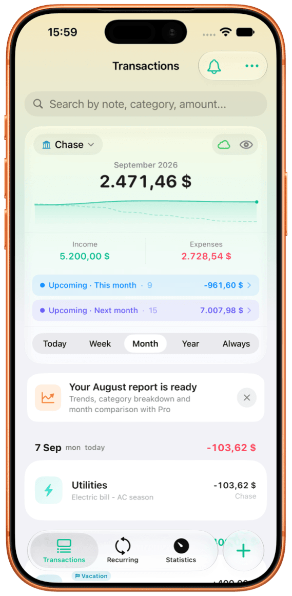 FlowBudget transaction list on iPhone, with monthly balance
