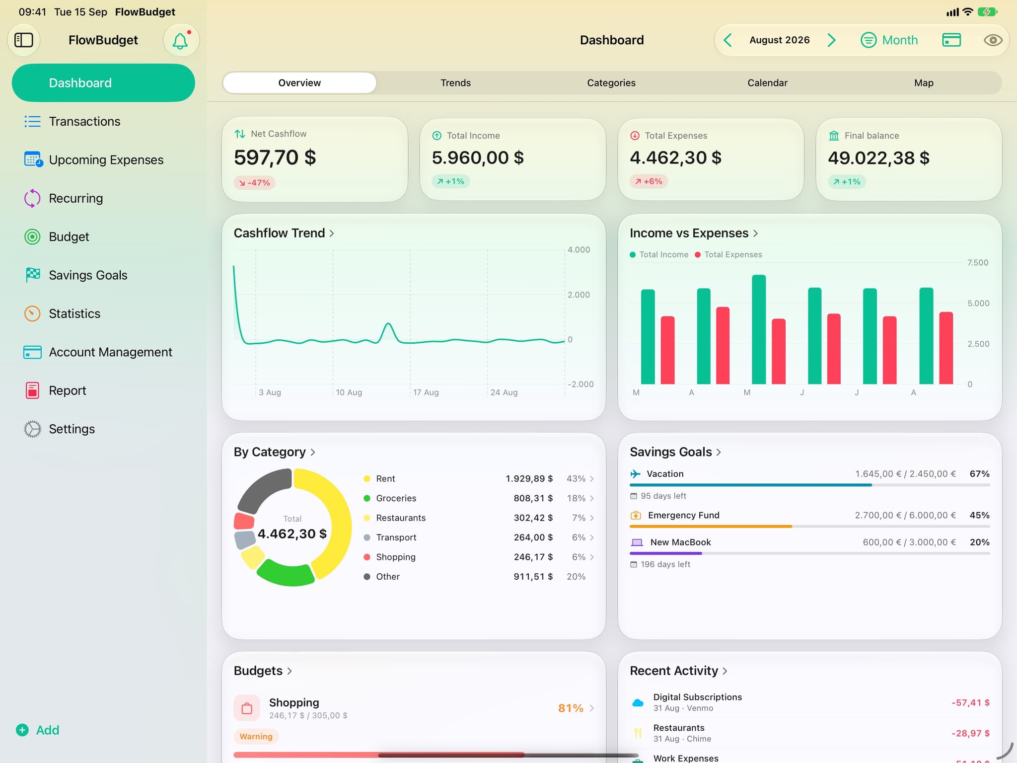 FlowBudget on iPad in landscape: the sidebar next to the dashboard