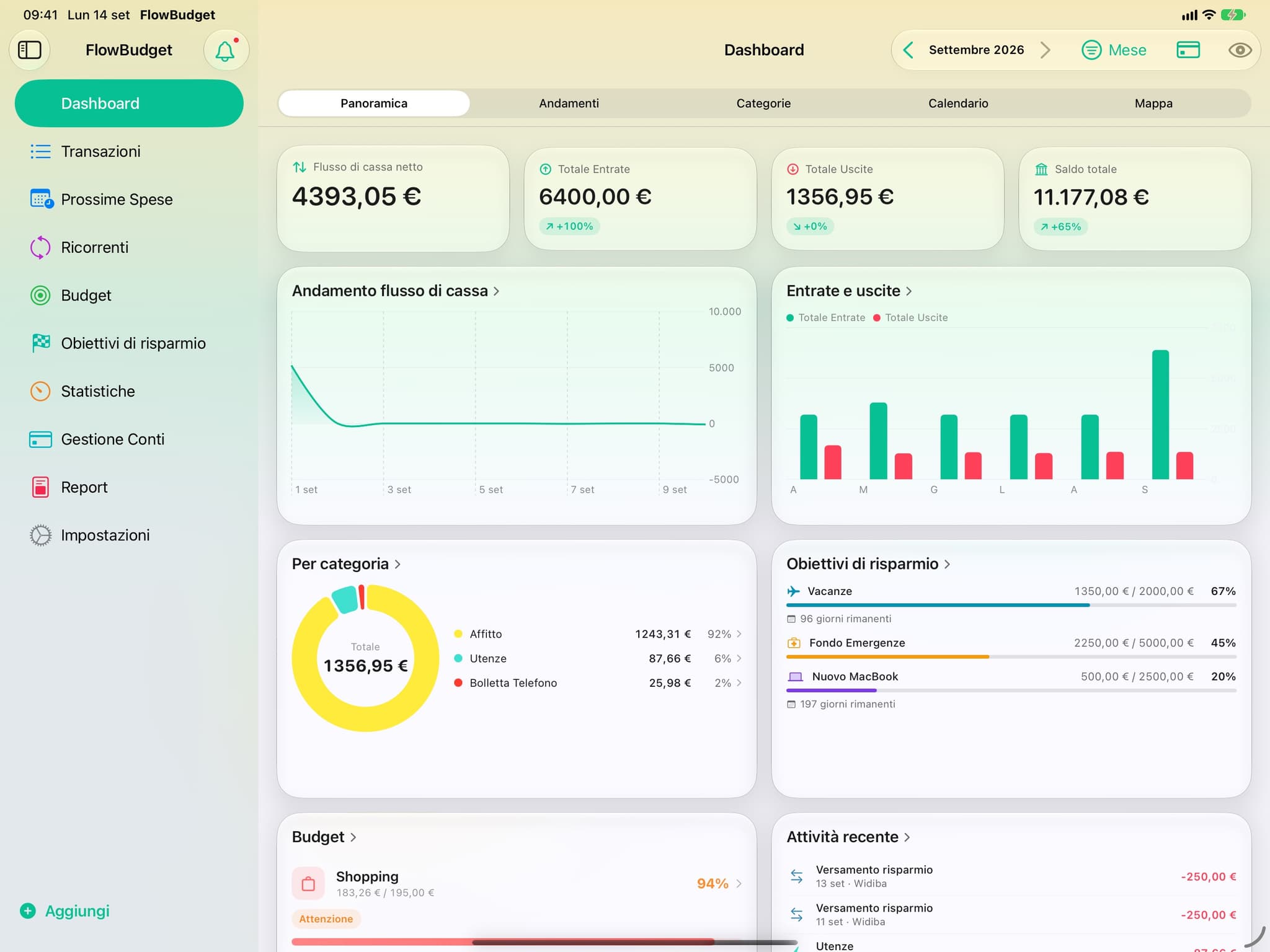 FlowBudget su iPad in orizzontale: la barra laterale accanto alla Dashboard