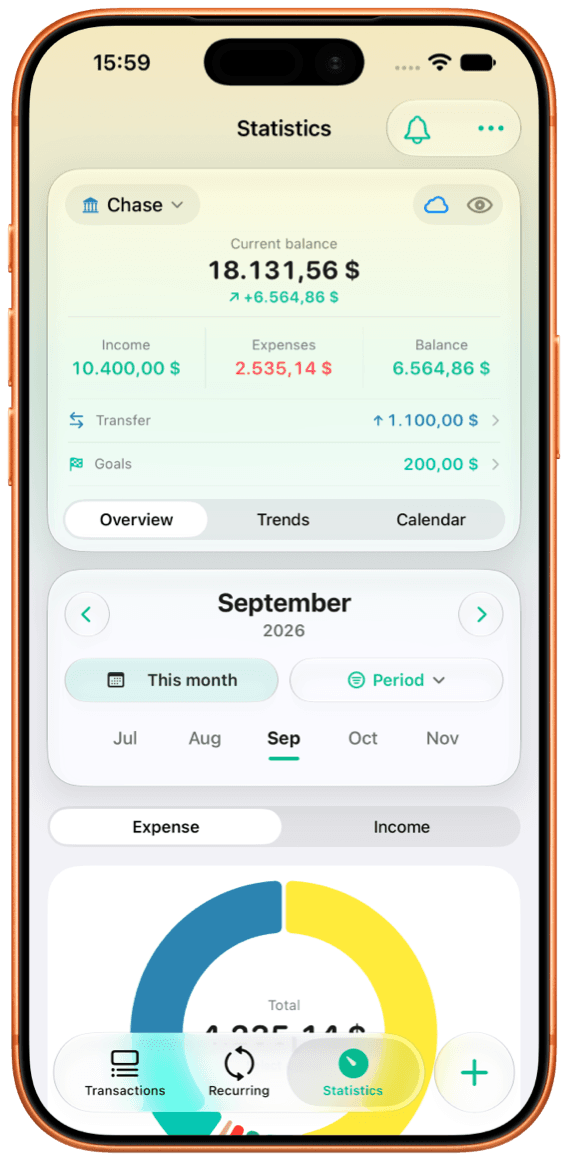 FlowBudget statistics screen on iPhone, with spending by category